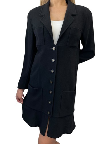 Giacca lunga CHANEL vintage logo CC bottoni nero oro lana collo tasca