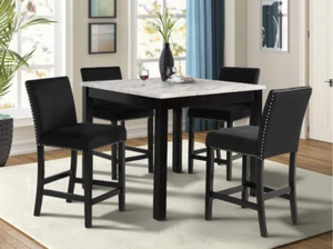 NEW 5PC Counter-Height 42" Square White Faux Marble 4 Black Chair Pub Table Set - Picture 1 of 6