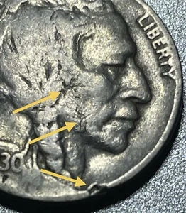 1930-S Buffalo Nickel Error. Defective Planchet/Lamination Error Obverse. #30S03 - Picture 1 of 9