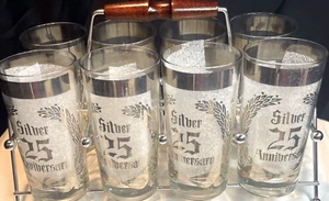 Vintage 25th Anniversary Silver Decorated Glass Set of 8 With Caddy 6.5 inches - Picture 1 of 9
