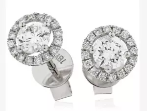 0.85ct F VS Brilliant Cut Diamond Halo Earrings 18ct White Gold Pierced Ears - Picture 1 of 2