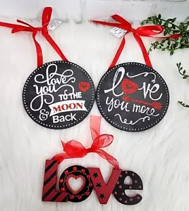 Valentines Day Ornaments Hearts Love You More To Moon Black Red Glitter 3 Pc NEW - Picture 1 of 5