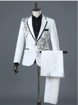 Hombres Abrigo y Pantalones Trajes Calce Ajustado Lentejuelas Bordado Blazers Vestido Formal Un Botón Foto 1 de 4