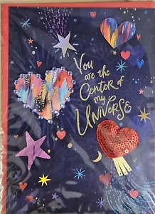 PAPYRUS GEMMED SEQUIN HEARTS STARS GALAXY VALENTINE'S DAY CARD - Picture 1 of 6