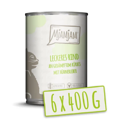 MjAMjAM - leckeres Rind an gedämpftem Kürbis 6x400g Nassfutter Katze Futter - Bild 1 von 2