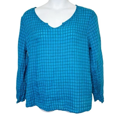 Flax linen pullover v neck 3/4 sleeve top size large blue plaid lagenlook artsy - Image 1 of 4