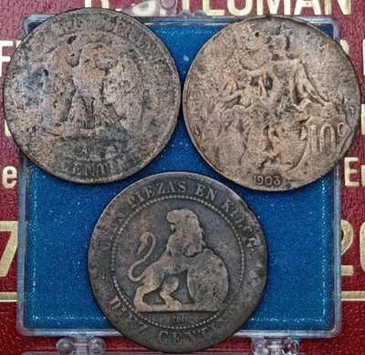 Lot of 3 Large Old Coins: France 1854 & 1903 10 Centimes, Spain 1870 10 Centimos - Image 1 of 2