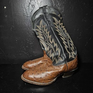 Larry Mahan Hombres Negro Marrón Avestruz Western Botas de Vaquero LM03220201 Talla 7.5 8 - Imagen 1 de 8