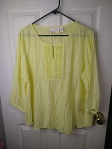 Chico's Women's Size 2(L) Pop-over Top/Tunic Yellow Key Hole Pleat Beaded Front - Picture 1 of 10