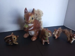 Vintage Squirrels Ceramic Napco Enesco G Japan Figurines Faux Fur 5pc Set Japan - Picture 1 of 7