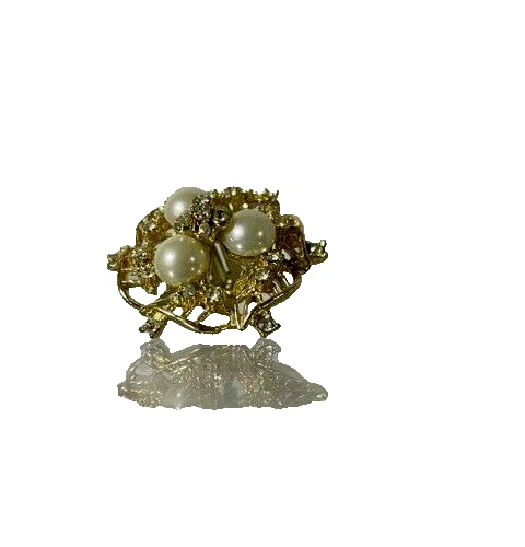 Gold Brooch with pearl and diamond stones Vintage Costume Jewelry Clip back pin Foto 1 de 4