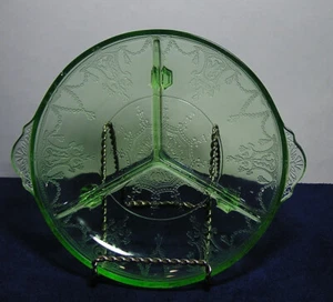 Vintage Embossed Green Depression Vaseline Glass Handled Footed Divided Dish - Picture 1 of 6