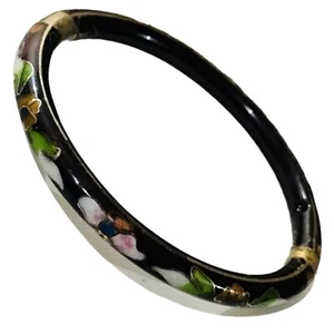 Old Chinese Export Jewelry Cloisonné Black Enamel Hinged Bangle Bracelet 7.5" - Picture 1 of 12