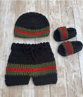 Crochet Newborn Baby Black Beanie Hat, Shorts and Sandal Slides Photo Prop Set