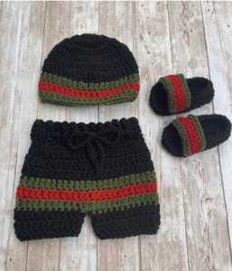 Crochet Newborn Baby Black Beanie Hat, Shorts and Sandal Slides Photo Prop Set - Picture 1 of 2