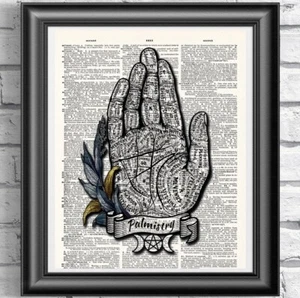 Arte de pared de quiromancia en página de libro de diccionario, decoración de brujería - Imagen 1 de 3
