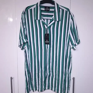 Camisa de hombre Threadbare Denim Corps a rayas verdes y blancas talla XL manga corta del Reino Unido - Imagen 1 de 9