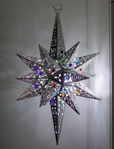 Moravian LONG Star Pierced Metal Glass Pendant Light Lamp Hanging w/marbels 21" - Picture 1 of 7