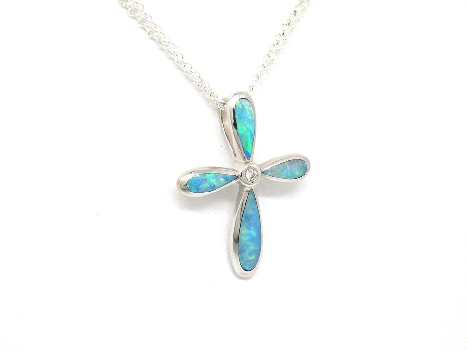 Authentic Kabana 14k White Gold,   Four Star Opal Inlay,  Diamond, Cross Pendant - Image 1 of 4