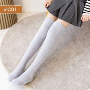 1Pair Womens Soft Coral Fleece Knee Socks Winter Striped Cozy Fluffy High Socks - Picture 1 of 47