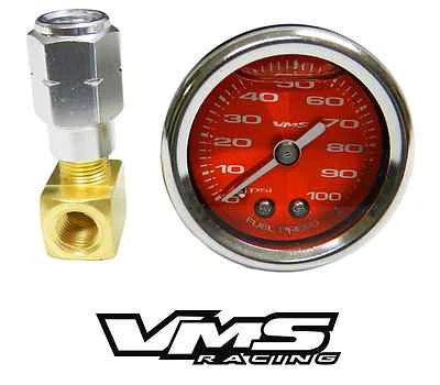 VMS CAMARO CORVETTE 1 1/2" 100PSI ROJO MEDIDOR DE PRESIÓN DE COMBUSTIBLE ADAPTADOR LLENO DE LÍQUIDO Foto 1 de 3