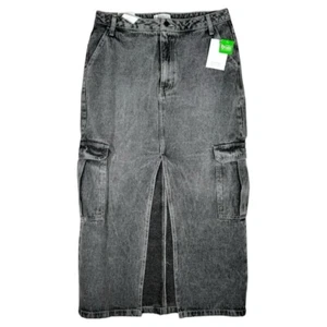 NEW Love Fire Cargo Denim Maxi Skirt Size 13 32 Charcoal Black Front Slit Grunge - Picture 1 of 11
