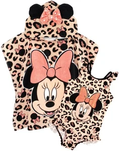 Disney Pink Minnie Mouse Poncho Towel and 1 Piece Swimming Costume Set Girls - Picture 1 of 14