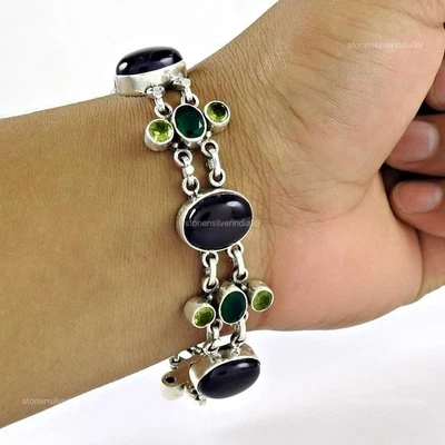 Sterling Silver Green Onyx Gemstone Peridot Trendy Unique Chain Bracelet Jewelry - Image 1 of 4