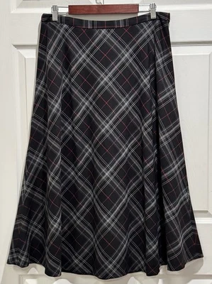 Falda midi Jones New York negra roja a cuadros línea A acampanada mezcla de poliéster talla 12 Foto 1 de 4