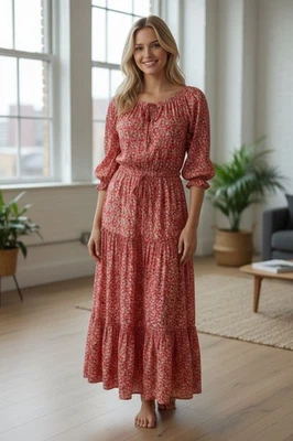 Vintage Laura Ashley Maxi Dress Red Floral Boho Made In Wales UK Size XS - Image 1 of 4