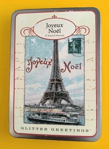 Cavallini Vintage Joyeux Noel 12 Glitter Greetings Post Cards W Decorative Tin - Picture 1 of 15