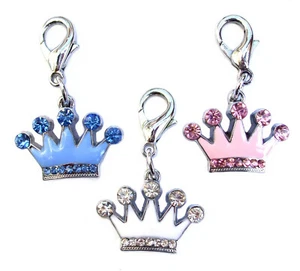 Diamante Crystal Crown Dog Charms Pink Blue White Silver Pet Clip on Brand New - Picture 1 of 17