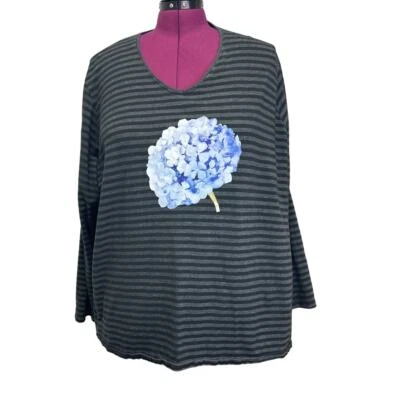 Hand Printed Upcycled Womens 5X Hydrangea Floral Striped Long Sleeve Tee Shirt - Image 1 of 4