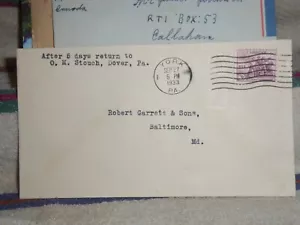 POSTAL HISTORY COVER FROM DOVER PA. TO BALTIMORE,MD. PM YORK,PA. SEP.27,1933 #10 - Picture 1 of 3