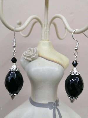 Orecchini Argento 925 Cristallo E Oliva Onice Nero - Immagine 1 di 3