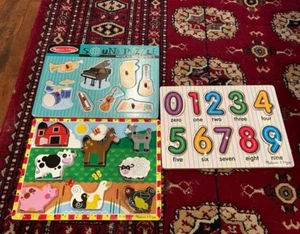 3 Melissa & Doug Wooden Puzzles Complete! Sound Musical / Numbers / Animals - Picture 1 of 1