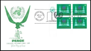 UN197 Peace International Law FDC, Art Master Cachet, PB4, OF, POF, great color. - Picture 1 of 4