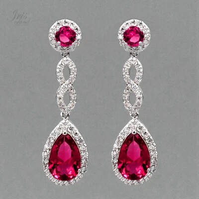 Покрытые белым золотом розовые фуксия кубический цирконий свадебные серьги-висячие капли 3 - Изображение 1 из 4