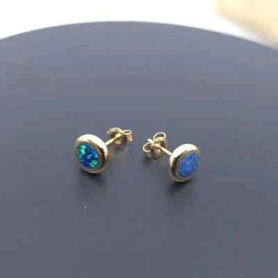 Genuine 14K Gold 5mm Doublet Opal Earring Studs - Australian Natural Stone Foto 1 de 4