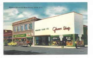 Union South Carolina  Postcard Main Street Store Fronts Automobiles Linen Unused - Picture 1 of 2