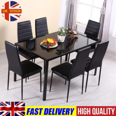 Square Tempered Glass Top Dining Table Kitchen Dinner Tables 6x Chairs Set UK - Image 1 of 4
