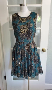 Tropical teal&gold pineapple print full skirt dress sleeveless sz S Maison Jules - Picture 1 of 8