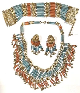 Conjunto de collar brazalete con flecos de loza coral turquesa renacimiento egipcio - Imagen 1 de 9