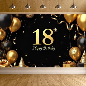 Banner de celebración de cumpleaños 18 dorado y negro globo telón de fondo decoración de fiesta - Imagen 1 de 8