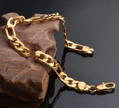 Brazalete de cadena de eslabones Figaro de 7-1/2" de latón relleno de oro de 18k D698 Foto 1 de 4