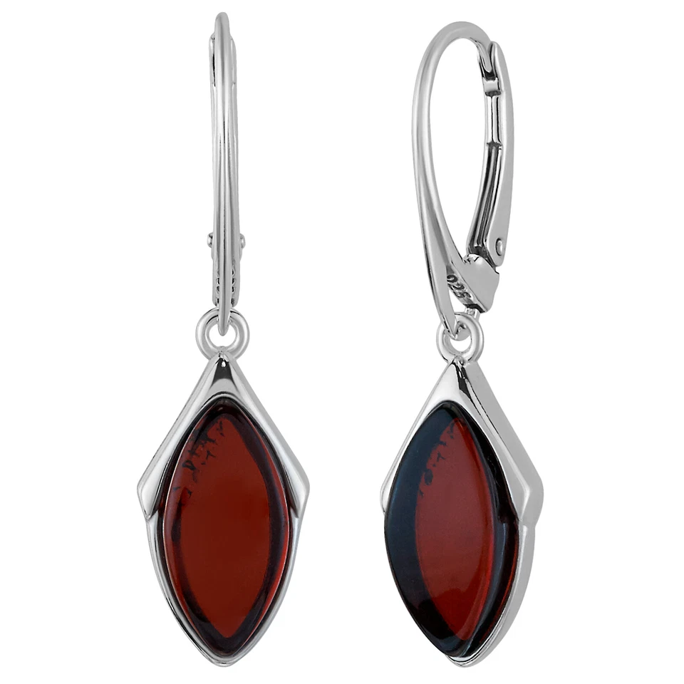 925 Solid Pure Sterling Silver Dark Red Baltic Amber Marquise Leverback Earrings - Image 1 of 4