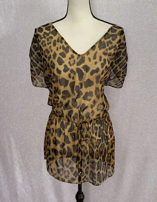 Ralph Lauren女式棕色豹纹动物印花游泳套装遮盖裹式中号 — 第 1/4 张图片