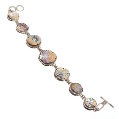 Sparkling Carved Mother of Pearl Gemstone Handmade Statement Flower Bracelet - Image 1 of 3