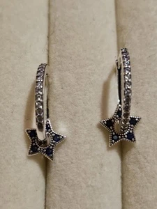 925 Sterling Silver Blue Zircon Star 🌟 Charm Hoop Earrings - Picture 1 of 5
