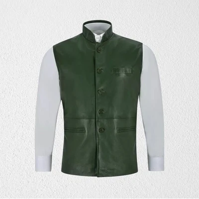 Cool Fit Style: Dark Green Lambskin Leather Waist Coat for Everyday Looks - Image 1 of 3